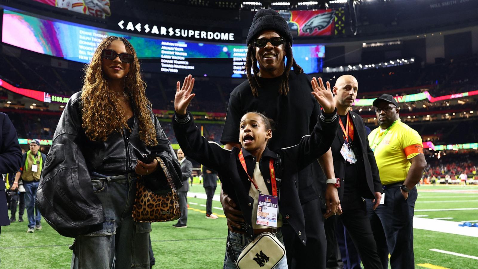 PHOTO: NFL: Recording artist Jay-Z with children Blue Ivy Carter and Rumi Carter before Super Bowl LIX between the Philadelphia Eagles and the Kansas City Chiefs in New Orleans, Feb. 9, 2025.