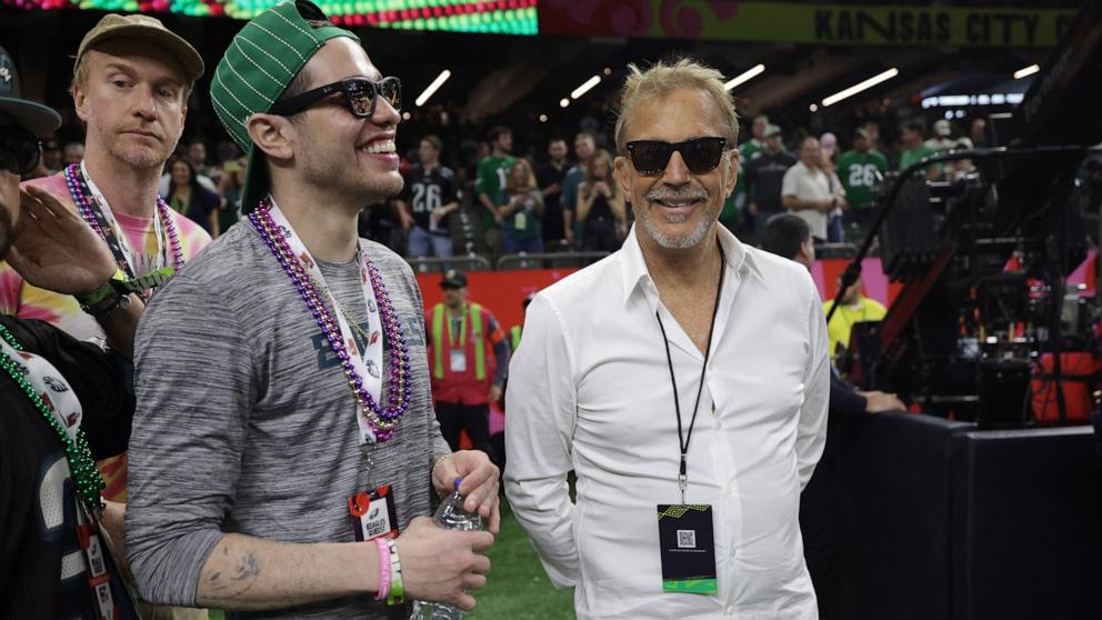 PHOTO: Pete Davidson and Kevin Costner before Super Bowl LIX between the Philadelphia Eagles and the Kansas City Chiefs in New Orleans, Feb. 9, 2025.