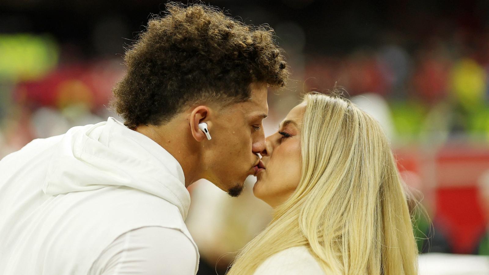 PHOTO: Kansas City Chiefs quarterback Patrick Mahomes kisses his wife Brittany Mahomes before Super Bowl LIX between the Philadelphia Eagles and the Kansas City Chiefs in New Orleans, Feb. 9, 2025.