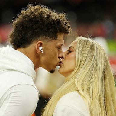 PHOTO: Kansas City Chiefs quarterback Patrick Mahomes kisses his wife Brittany Mahomes before Super Bowl LIX between the Philadelphia Eagles and the Kansas City Chiefs in New Orleans, Feb. 9, 2025.