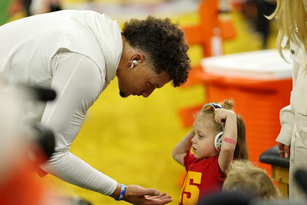 PHOTO: Kansas City Chiefs quarterback Patrick Mahomes with daughter Sterling Skye before Super Bowl LIX between the Philadelphia Eagles and the Kansas City Chiefs in New Orleans, Feb. 9, 2025.