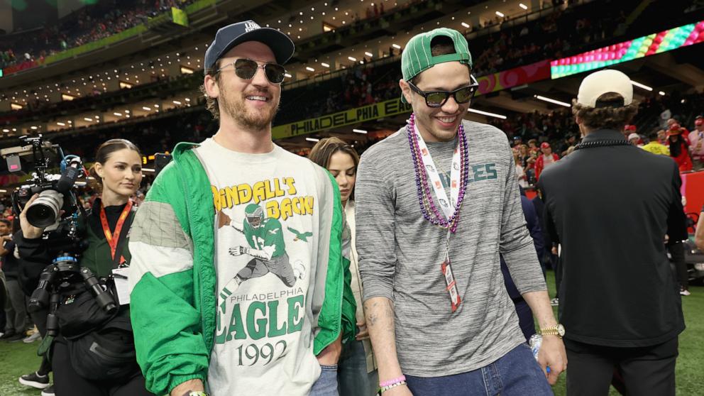 PHOTO: Miles Teller and Pete Davidson before Super Bowl LIX between the Philadelphia Eagles and the Kansas City Chiefs in New Orleans, Feb. 9, 2025.