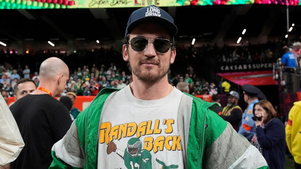 PHOTO: Miles Teller stands on the field before Super Bowl LIX between the Philadelphia Eagles and the Kansas City Chiefs in New Orleans, Feb. 9, 2025.