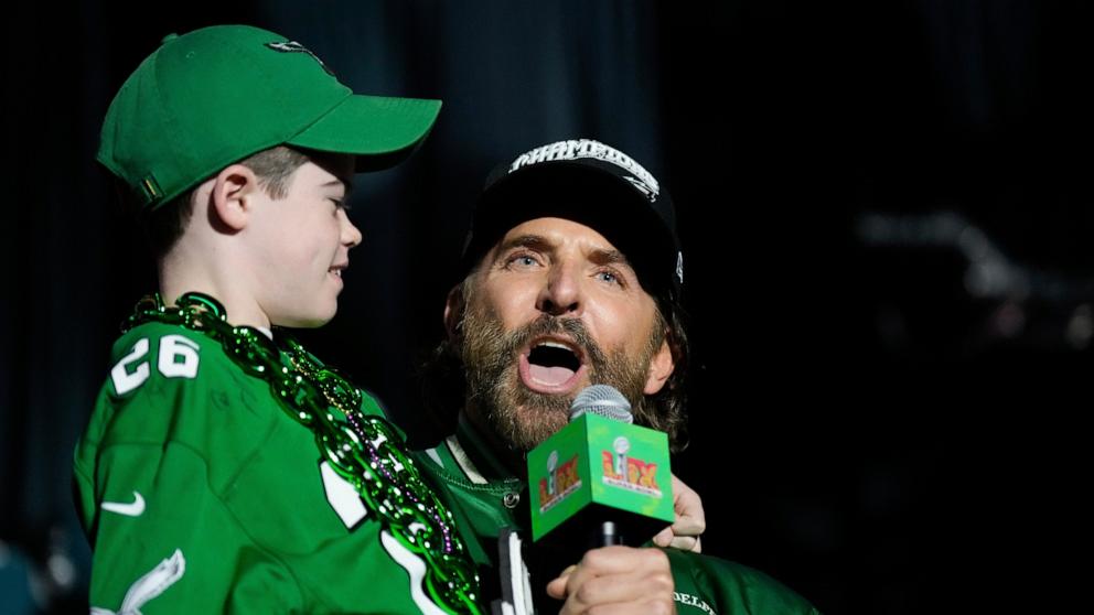 PHOTO: Bradley Cooper speaks before the start of Super Bowl LIX in New Orleans, Feb. 9, 2025.