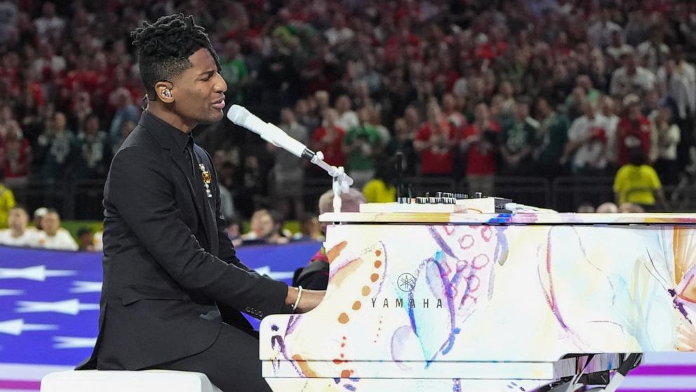 PHOTO: Jon Baptiste performs the National Anthem ahead of Super Bowl LIX in New Orleans, Feb. 9, 2025.