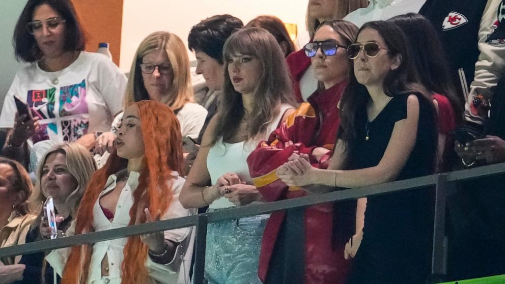 PHOTO: From left, Ice Spice, Taylor Swift, Este Haim and Alana Haim watch during the first half of the NFL Super Bowl LIX, Feb. 9, 2025, in New Orleans. 