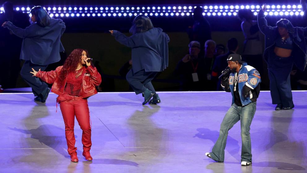 PHOTO: Kendrick Lamar and SZA perform during the Super Bowl LIX Halftime Show, Feb. 9, 2025 in New Orleans.