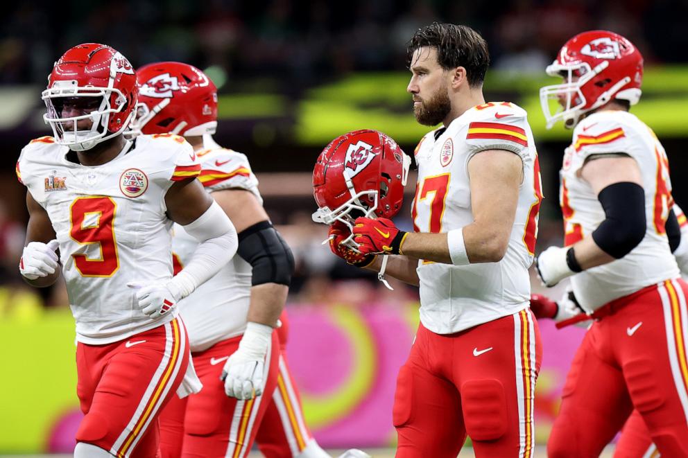 PHOTO: Travis Kelce of the Kansas City Chiefs looks on in the second quarter against the Philadelphia Eagles during Super Bowl LIX, Feb. 9, 2025, in New Orleans.