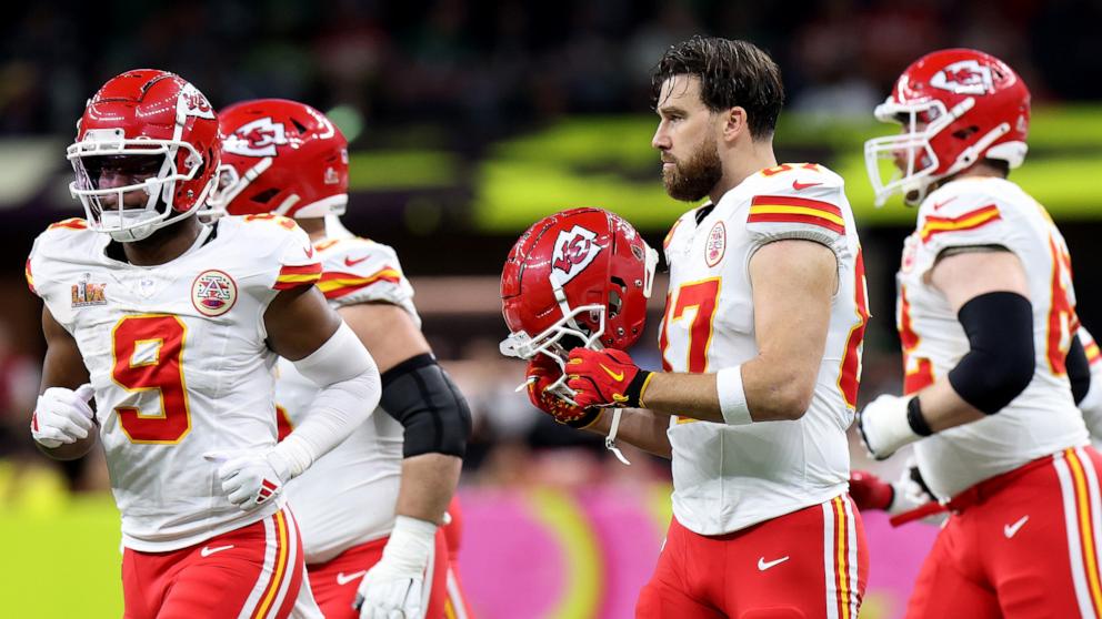 PHOTO: Travis Kelce of the Kansas City Chiefs looks on in the second quarter against the Philadelphia Eagles during Super Bowl LIX, Feb. 9, 2025, in New Orleans.