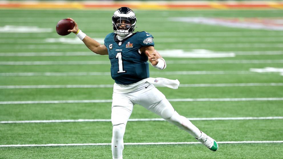 PHOTO: Philadelphia Eagles quarterback Jalen Hurts throws a pass in the second quarter against the Kansas City Chiefs during Super Bowl LIX, Feb. 9, 2025, in New Orleans.