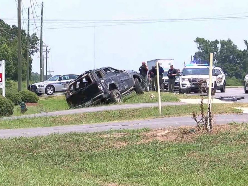 Brittany Jeffords car sits off the side of the road after she flipped it over while fleeing police in Florence, S.C., on Friday, July 12, 2018.