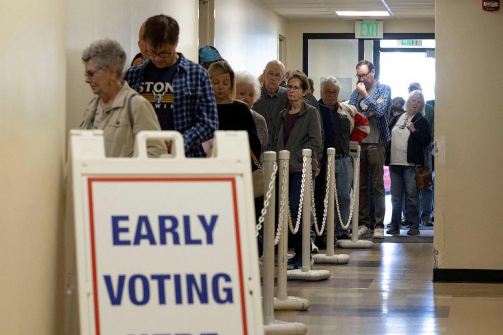 PHOTO: South Carolina residents wait in line to vote early at the Lexington County Voter Registration Office ahead of the Republican presidential primary election in Lexington, South Carolina, Feb. 22, 2024.