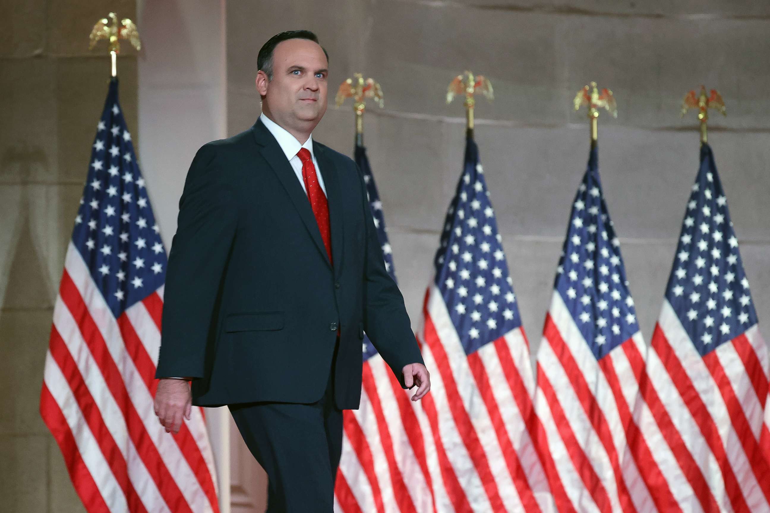 PHOTO: In this Aug. 26, 2020 file photo White House Deputy Chief of Staff for Communications Dan Scavino walks onstage to speak inside the empty Mellon Auditorium in Washington, D.C.