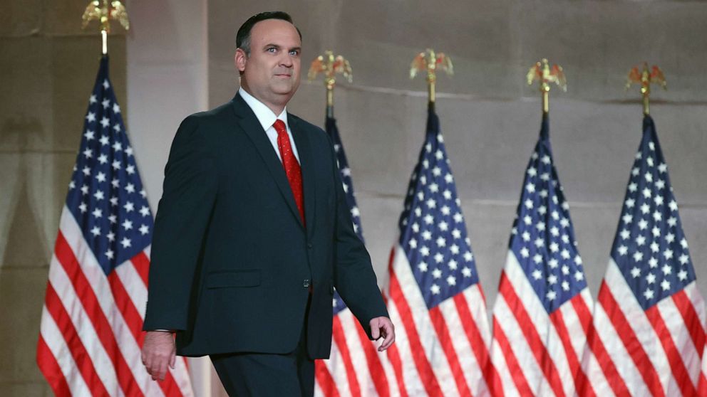 PHOTO: In this Aug. 26, 2020 file photo White House Deputy Chief of Staff for Communications Dan Scavino walks onstage to speak inside the empty Mellon Auditorium in Washington, D.C.