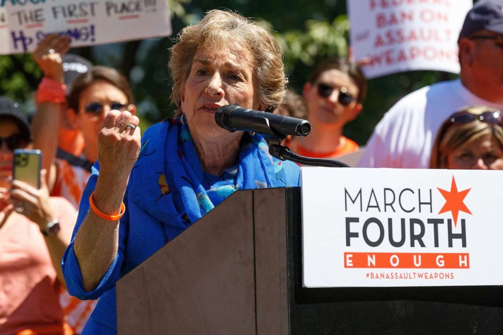 PHOTO: U.S. Rep. Jan Schakowsky speaks at a rally held by March Fourth near the U.S. Capitol in Washington on July 13, 2022, calling for universal background checks for guns and an assault weapons ban in the wake of continued mass shootings.