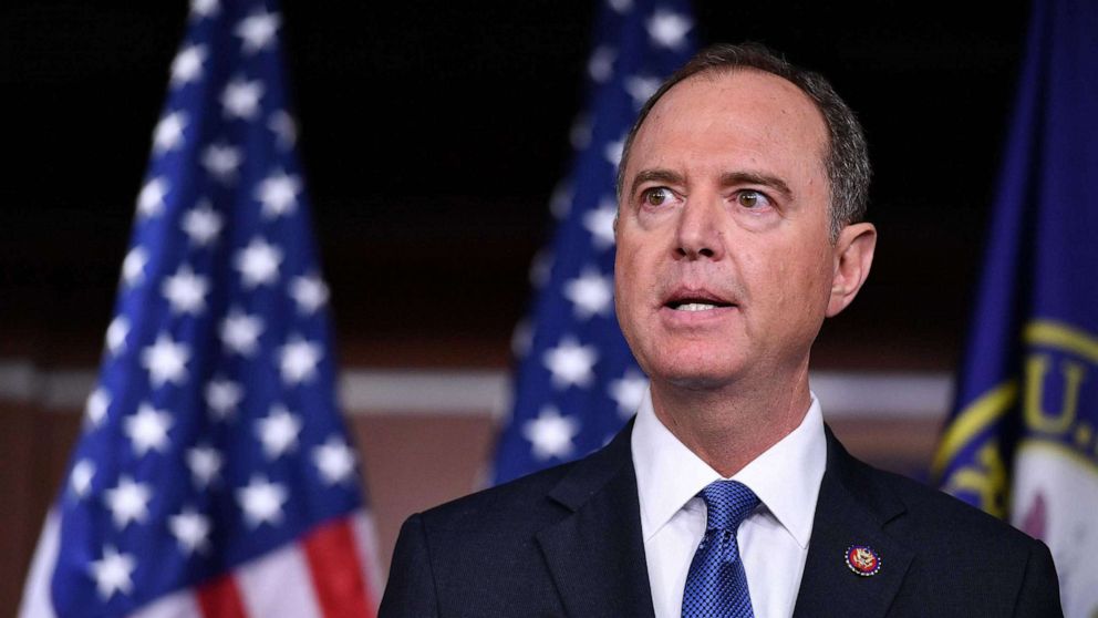 PHOTO: House Intelligence Committee Chair Adam Schiff, speak during a press conference with House Speaker Nancy Pelosi at the US Capitol in Washington, DC on October 2, 2019.