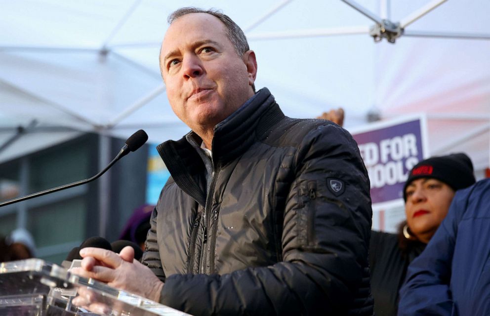 PHOTO: Rep. Adam Schiff speaks at a news conference as Los Angeles Unified School District (LAUSD) workers and supporters picket outside Robert F. Kennedy Community Schools on the first day of a strike over a new contract, March 21, 2023, in Los Angeles.