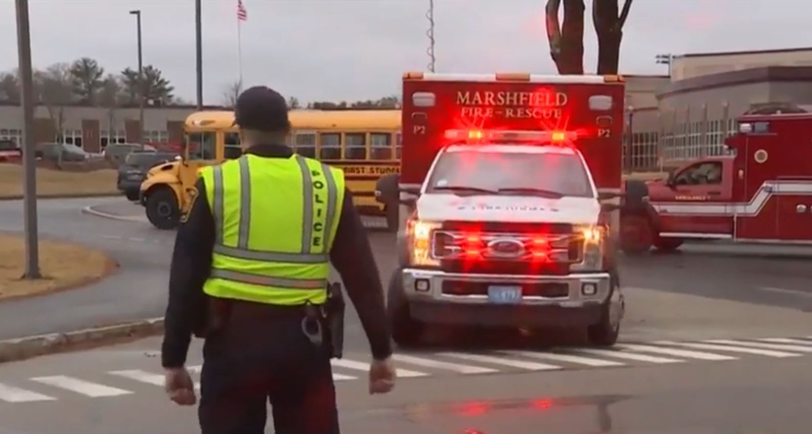 PHOTO: Ambulances respond to Silver Lake Regional High School in Kingston, Massachusetts, after about 40 students and staffers were overcome by a mysterious odor, Feb. 7, 2020.