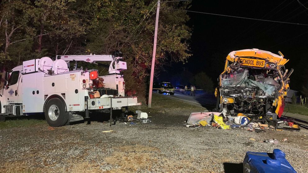 PHOTO: A bus driver and 7-year-old girl were killed when a bus collided with a utility truck in Meigs County, Tenn., northeast of Chattanooga, on Oct. 27, 2020.