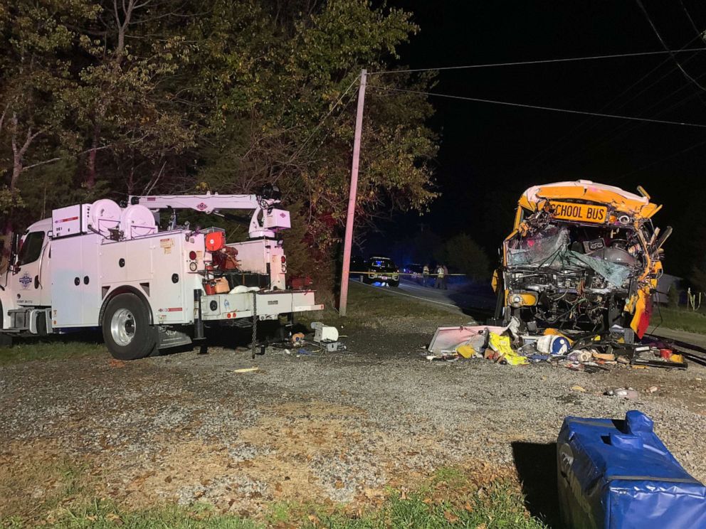 PHOTO: A bus driver and 7-year-old girl were killed when a bus collided with a utility truck in Meigs County, Tenn., northeast of Chattanooga, on Oct. 27, 2020.