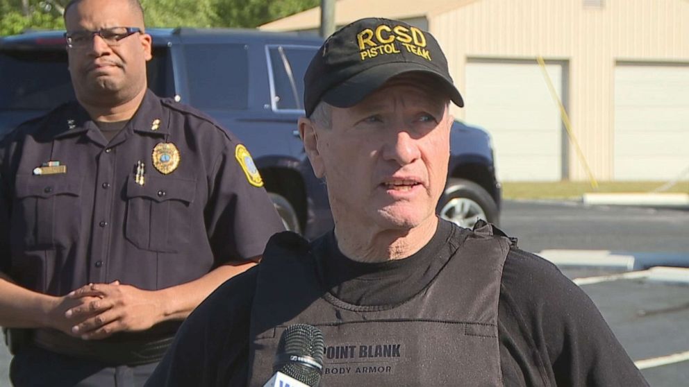 PHOTO: Richland County Sheriff Leon Lott talks to the press about an incident where a Fort Jackson trainee hijacked a school bus full of 18 elementary school students in Richland County, S.C., May 6, 2021.