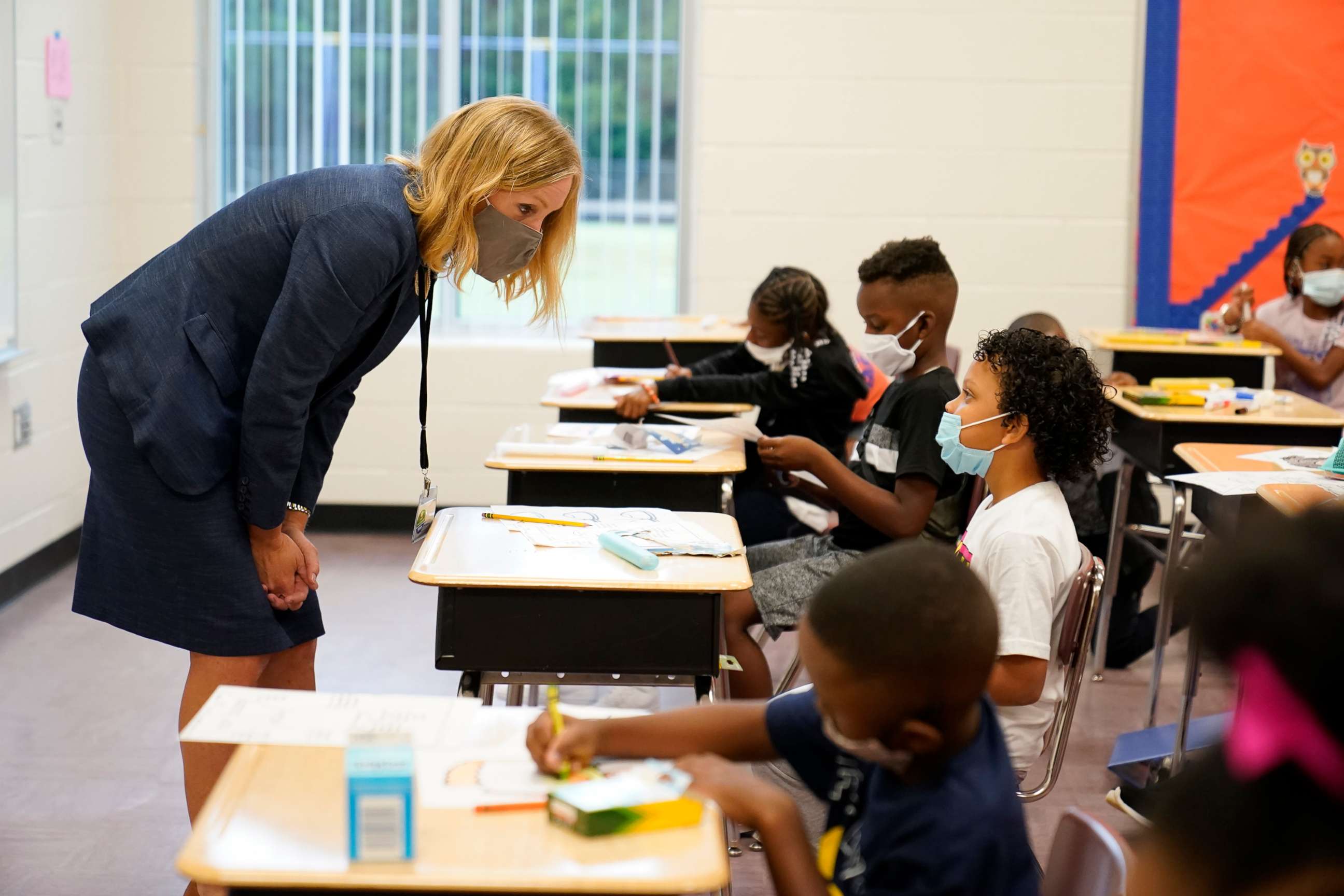 PHOTO: Henry County schools superintendent Mary Elizabeth Davis talks to students at Tussahaw Elementary School on Aug. 4, 2021, in McDonough, Ga.