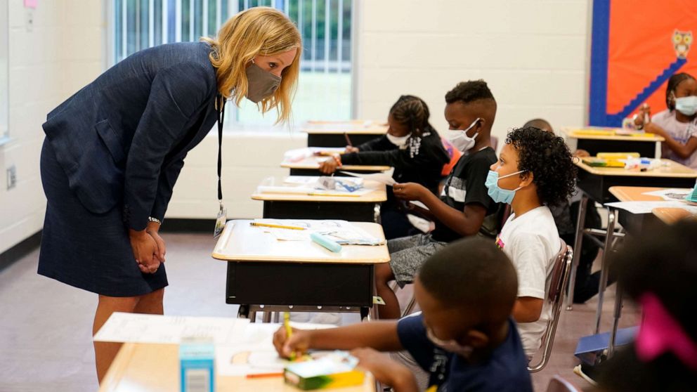 PHOTO: Henry County schools superintendent Mary Elizabeth Davis talks to students at Tussahaw Elementary School on Aug. 4, 2021, in McDonough, Ga.