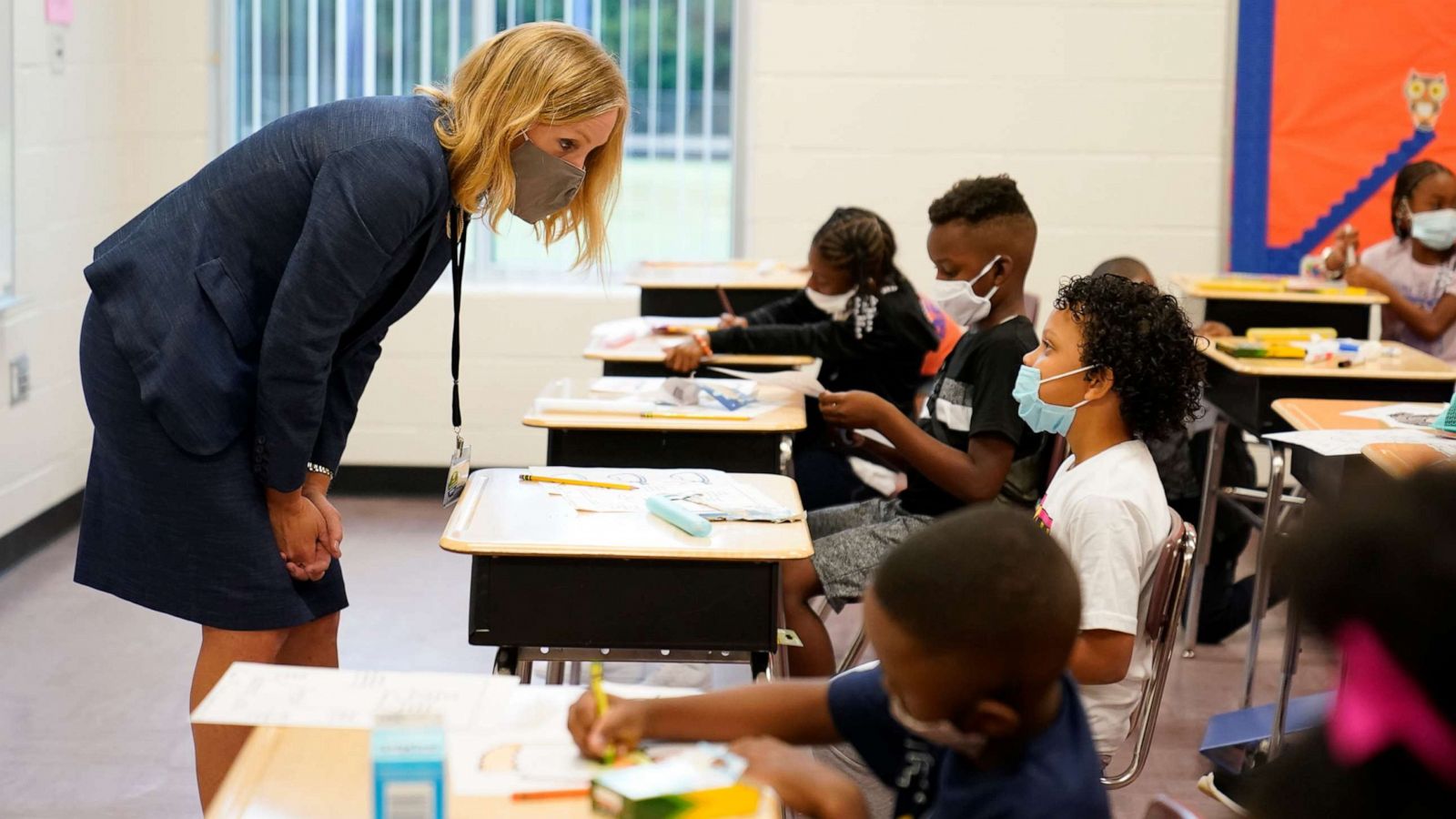 PHOTO: Henry County schools superintendent Mary Elizabeth Davis talks to students at Tussahaw Elementary School on Aug. 4, 2021, in McDonough, Ga.