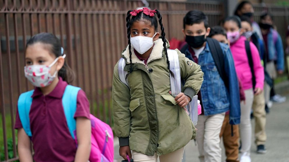 PHOTO: Students line up to enter Christa McAuliffe School in Jersey City, N.J., April 29, 2021.  