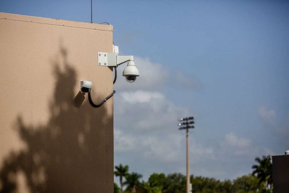 PHOTO: Security cameras at new portable classrooms at Marjory Stoneman Douglas High School in Parkland, Fla., Aug. 8, 2018. 