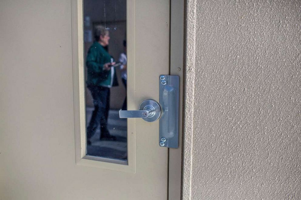 PHOTO: New hardware on the doors of the portable classrooms at Marjory Stoneman Douglas High School in Parkland, Fla., Aug. 8, 2018. 