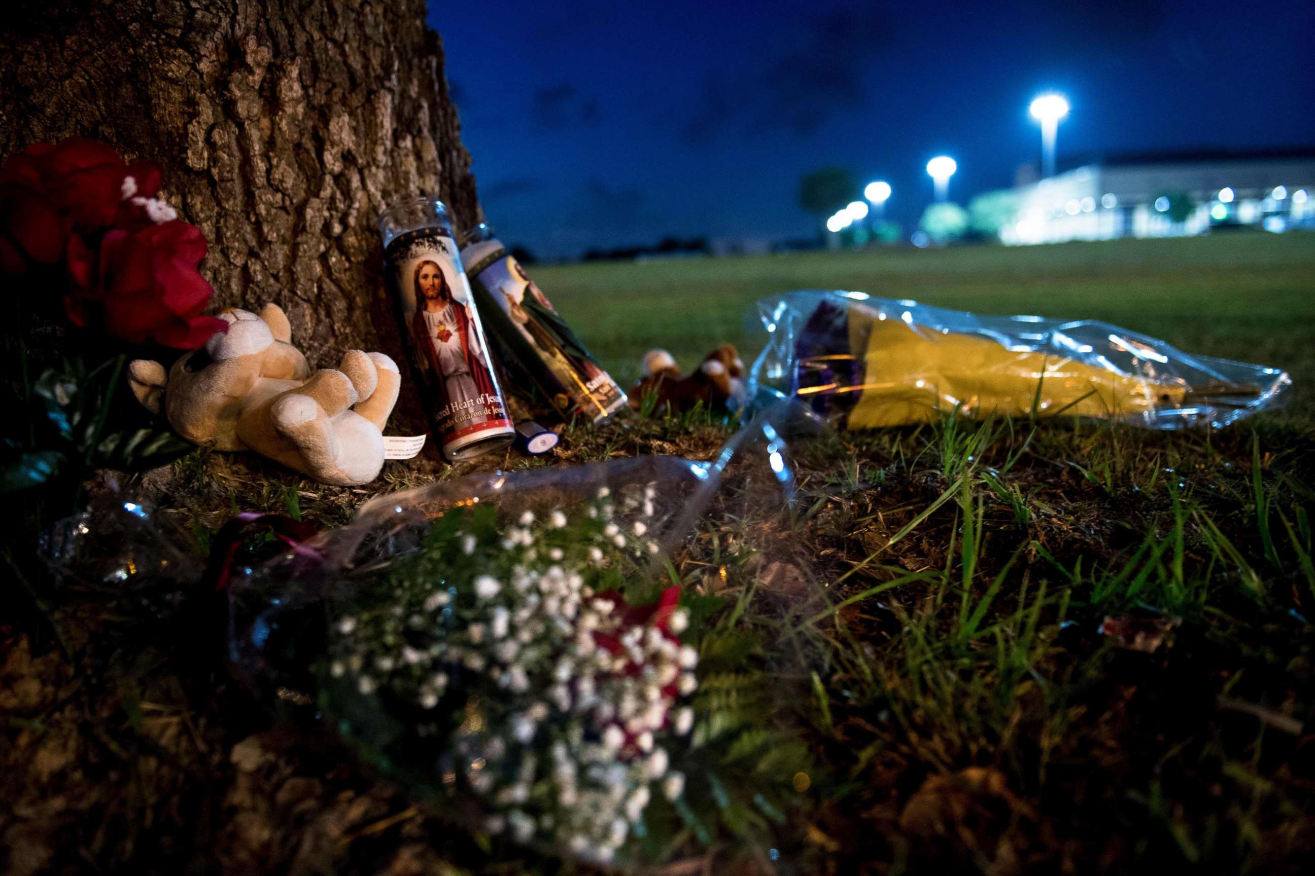 PHOTO: A makeshift memorial is seen outside Santa Fe High School a day after a mass shooting May 19, 2018 in Santa Fe, Texas.