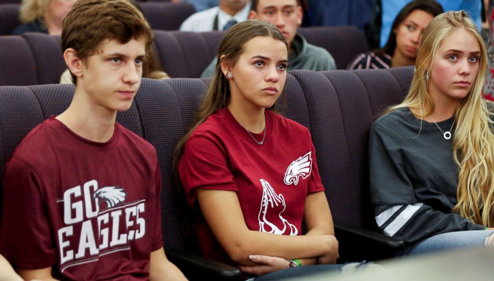 PHOTO: Students from Marjory Stoneman Douglas High School listen to answers from leaders of the Florida Senate about changing laws controlling assault weapons, following last week's mass shooting on their campus, at the Capitol in Tallahassee.