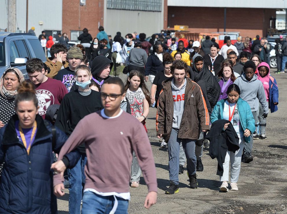 PHOTO: Students and parents leave Erie High School, in Erie, Pennsylvania, on April 5, 2022, following a shooting that injured one student earlier in the day.