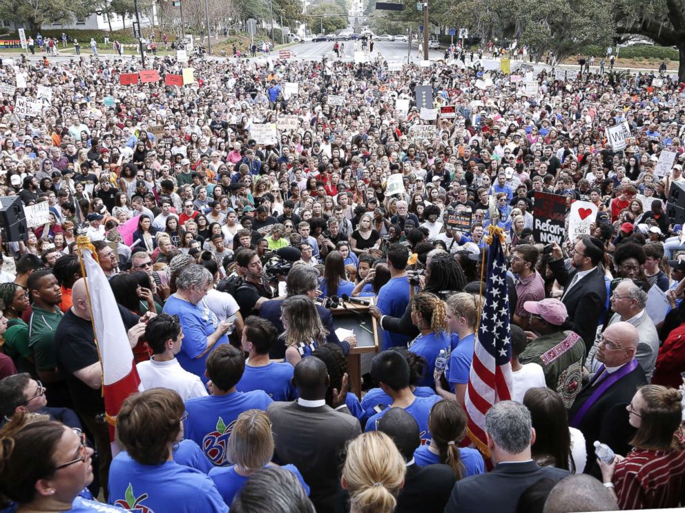 PHOTO: Activists and students from Marjory Stoneman Douglas High School attend a rally at the Florida State Capitol building to address gun control on Feb. 21, 2018 in Tallahassee, Florida.