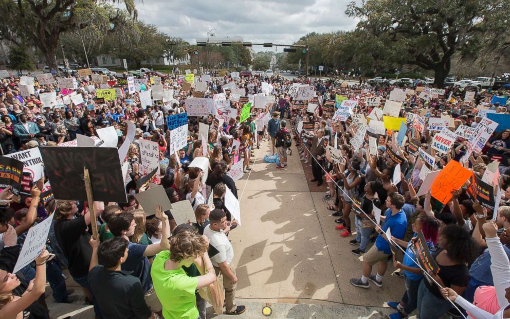 PHOTO: Students gather on the steps of the old Florida Capitol protesting gun violence in Tallahassee, Fla., Feb. 21, 2018.