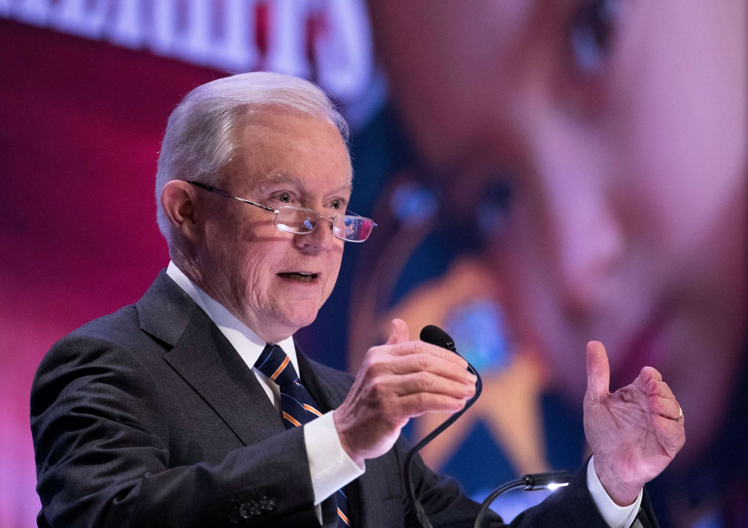 PHOTO: US Attorney General Jeff Sessions delivers remarks about the Florida school shooting at the Major County Sheriffs of America 2018 Winter Conference in Washington, Feb. 15, 2018.