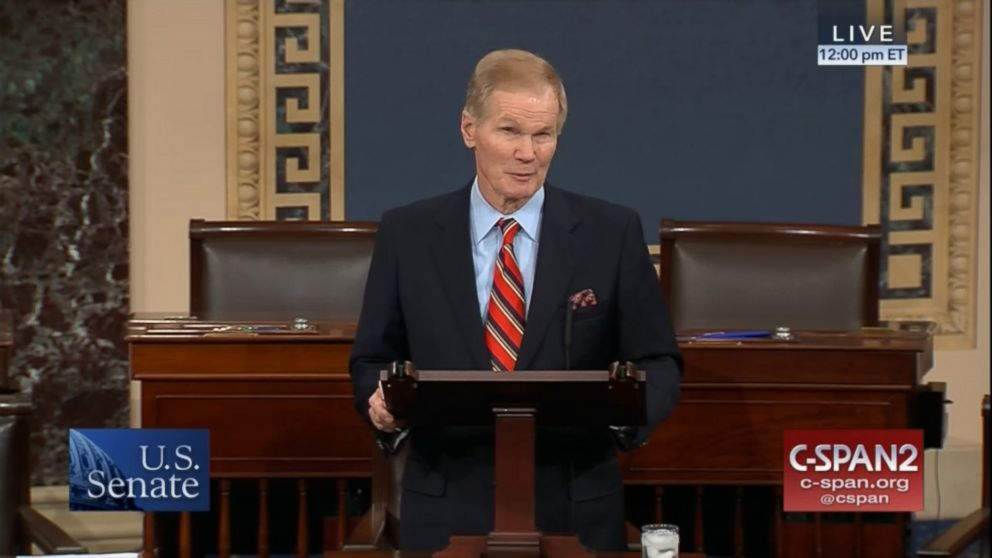 PHOTO: Senator Bill Nelson of Florida speaks on the floor of the senate in Washington after observing a moment of silence for the victims of a mass shooting in Parkland, Fla., Feb. 15, 2018.