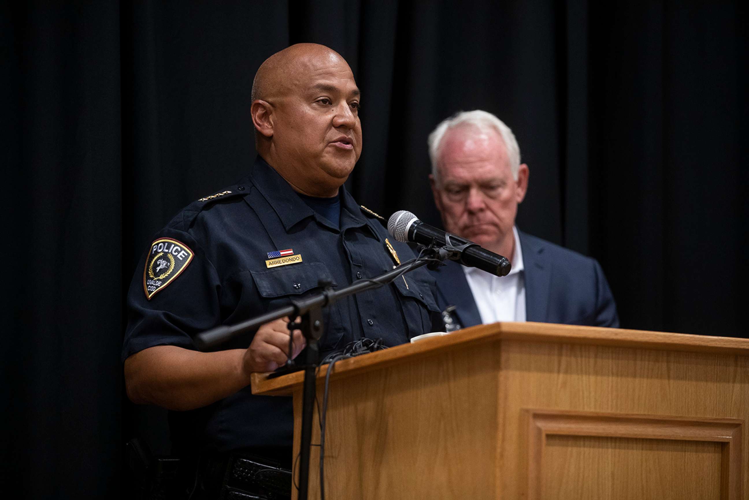 PHOTO: In this May 24, 2022 file photo Uvalde police chief Pete Arredondo speaks at a press conference following the shooting at Robb Elementary School in Uvalde, Texas.