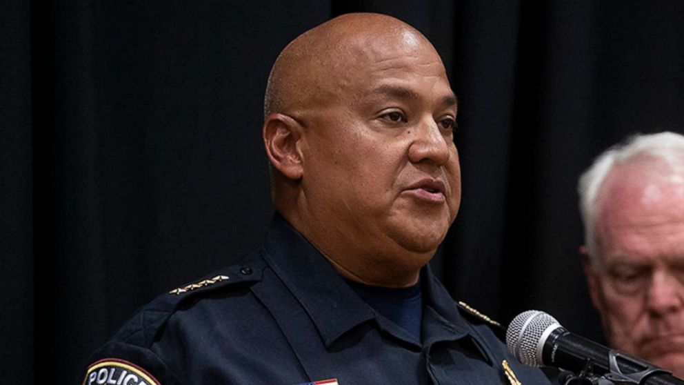 PHOTO: Uvalde police chief Pete Arredondo speaks at a press conference following the shooting at Robb Elementary School in Uvalde, Texas, May 24, 2022.