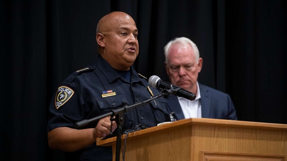 PHOTO: Uvalde police chief Pete Arredondo speaks at a press conference following the shooting at Robb Elementary School in Uvalde, Texas, May 24, 2022.