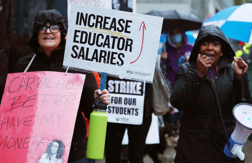PHOTO: Los Angeles Unified School District workers and supporters picket outside Robert F. Kennedy Community Schools on the first day of a strike over a new contract on Mar. 21, 2023 in Los Angeles.