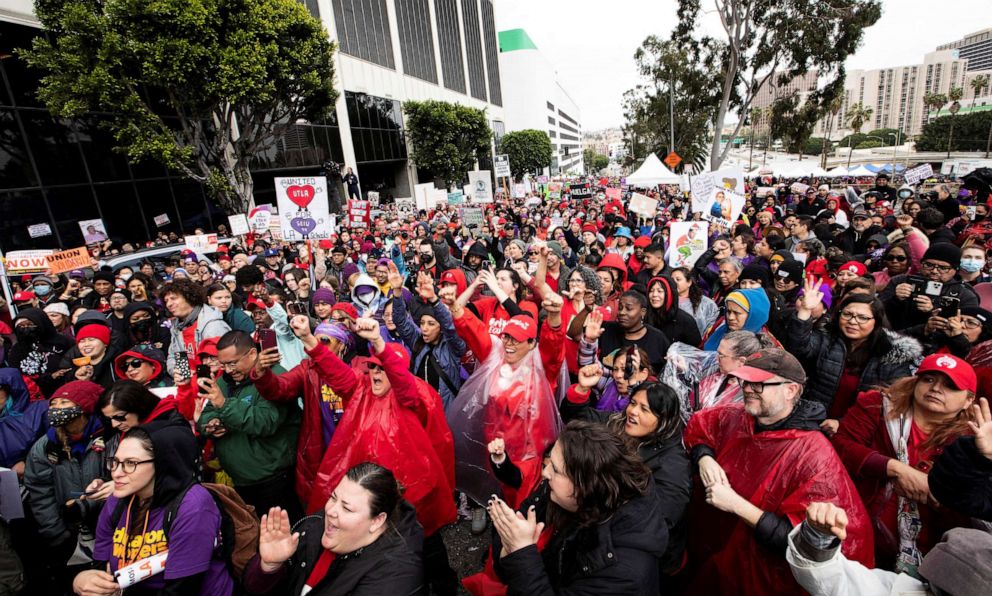 PHOTO: Los Angeles school workers protest in front of LAUSD headquarters during the first day of a walkout over contract negotiations that closes the country's second largest school system in Los Angeles, Mar. 21, 2023.