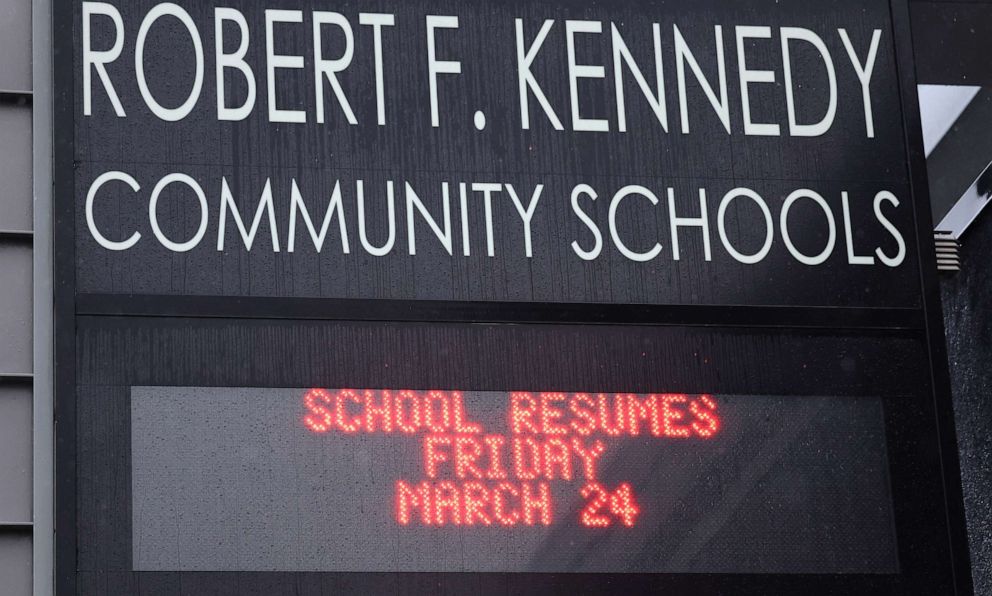 PHOTO: A sign reads 'School Resumes Friday March 24' as Los Angeles Unified School District workers and supporters picket outside Robert F. Kennedy Community Schools on the first day of a strike over a new contract on March 21, 2023 in Los Angeles.