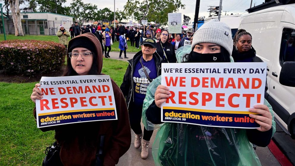 PHOTO: People protest for the third day as members of the Service Employees International Union Local 99 strike, in Los Angeles, March 23, 2023