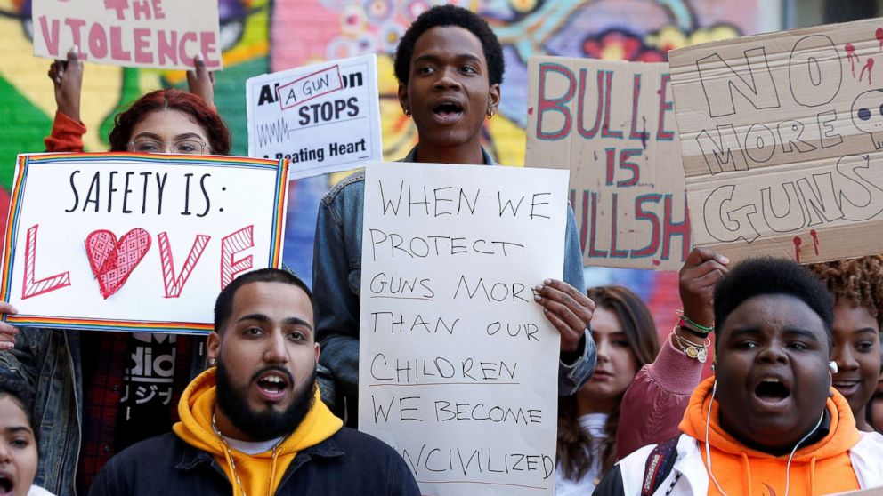 PHOTO: Youths take part in a National School Walkout anti-gun march in New York, April 20, 2018.