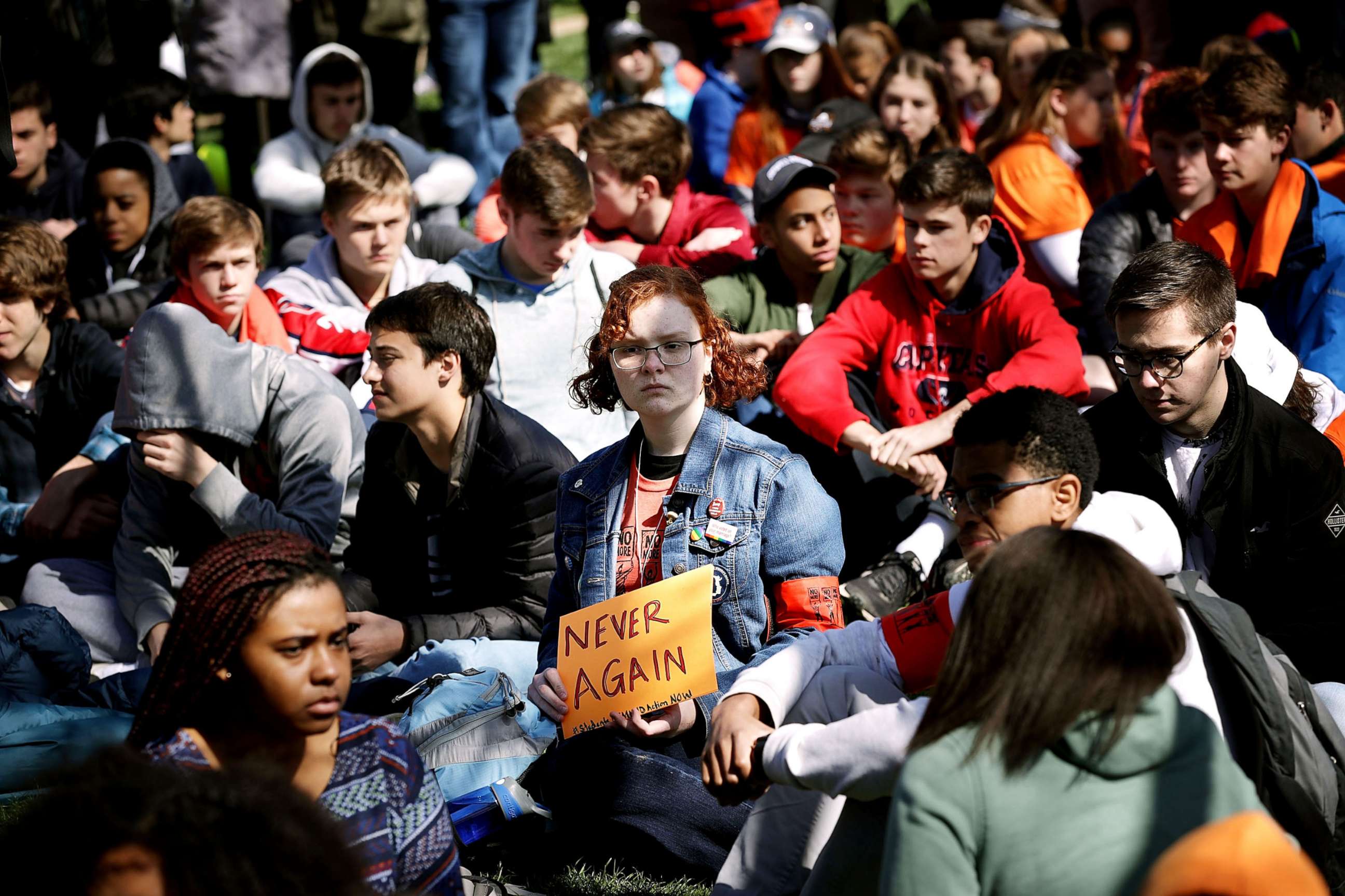 PHOTO: Several hundred high school students from the Washington area observe 19 minutes of silence while rallying in front of the White House, April 20, 2018, in Washington, D.C. 