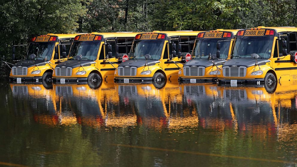 PHOTO: Waltham school busses sit in floodwaters in Waltham, Mass., Sept. 2, 2021, after heavy rainfall from the remnants of Hurricane Ida.