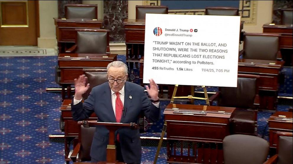 PHOTO: Senate Minority Leader Chuck Schumer speaks on the floor of the Senate in Washington, Nov. 5, 2025.