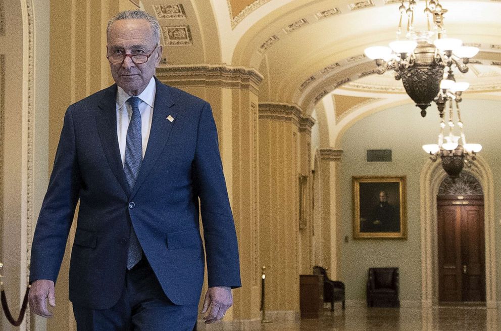 PHOTO: Senate Minority Leader Charles Schumer (D-NY) walks from the Senate chamber at the Capitol, Jan. 3, 2020.